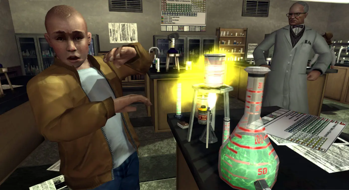 Jimmy Hopkins in chemistry class at a lab bench with a lit Bunsen burner and a green Erlenmeyer flask, an elderly teacher in a gray coat watching the scene