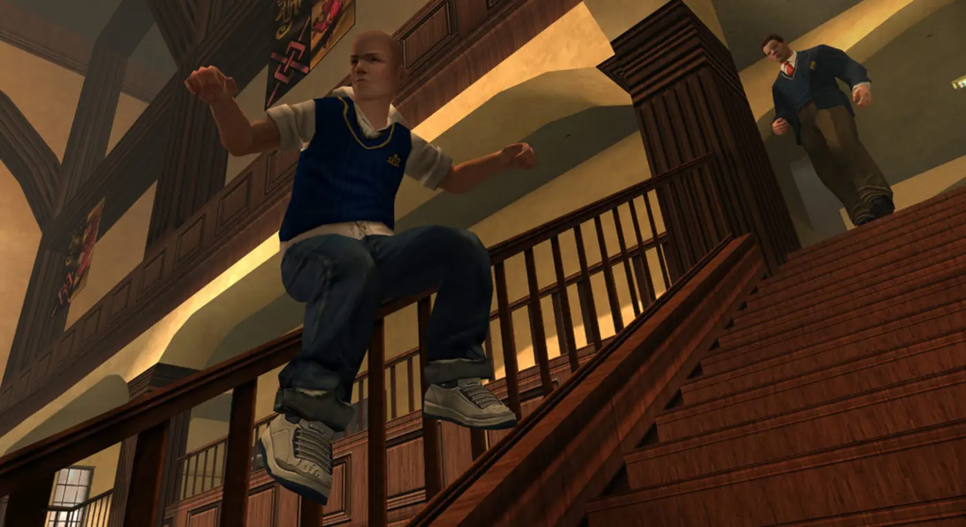 Jimmy Hopkins in a uniform sweater slides down the banister of a grand wooden staircase in the boarding school's wood-paneled hall, a prefect in a blazer coming down the steps