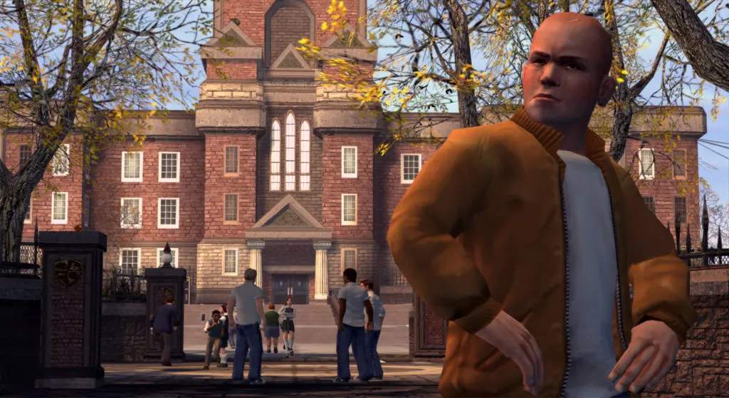 Jimmy Hopkins, shaved head and orange bomber jacket, in the foreground in front of the large red-brick Gothic building of Bullworth Academy, its tower and its crest-adorned gate, under trees with yellow fall leaves, students near the entrance