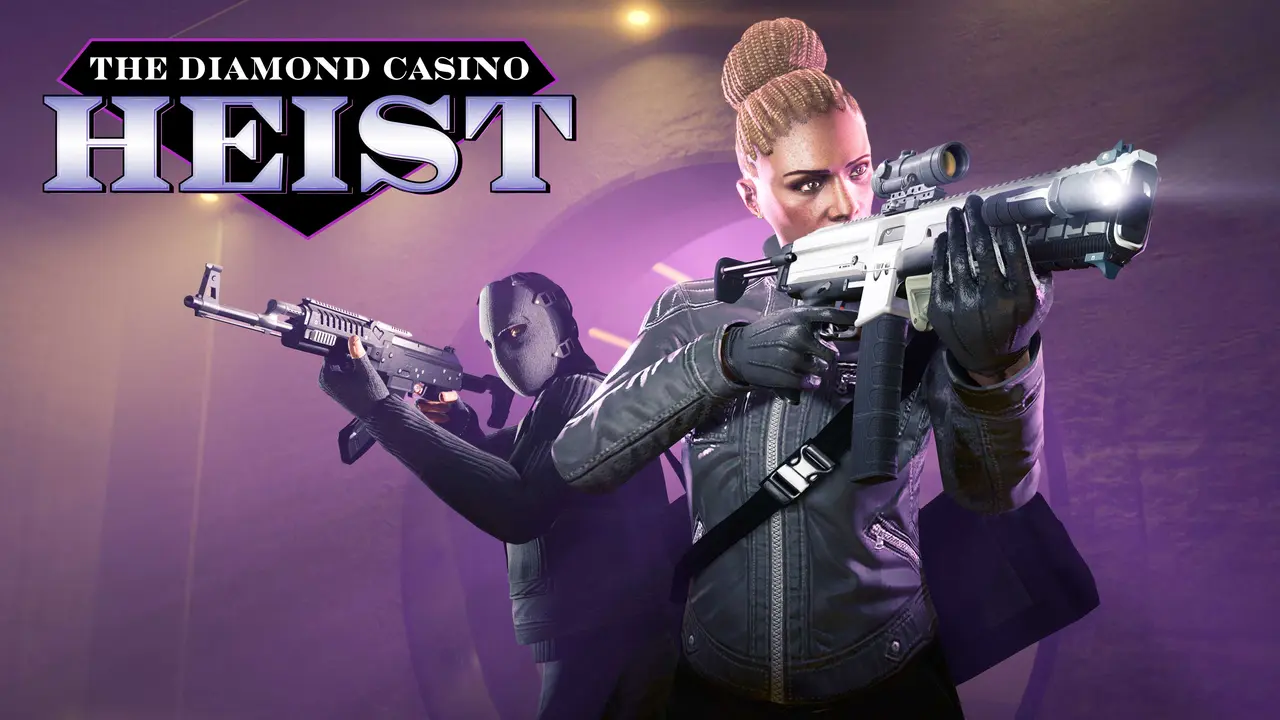 Official GTA Online artwork for the Diamond Casino Heist: two armed robbers under purple light, a woman shouldering a carbine in the foreground and a masked man with an assault rifle behind her