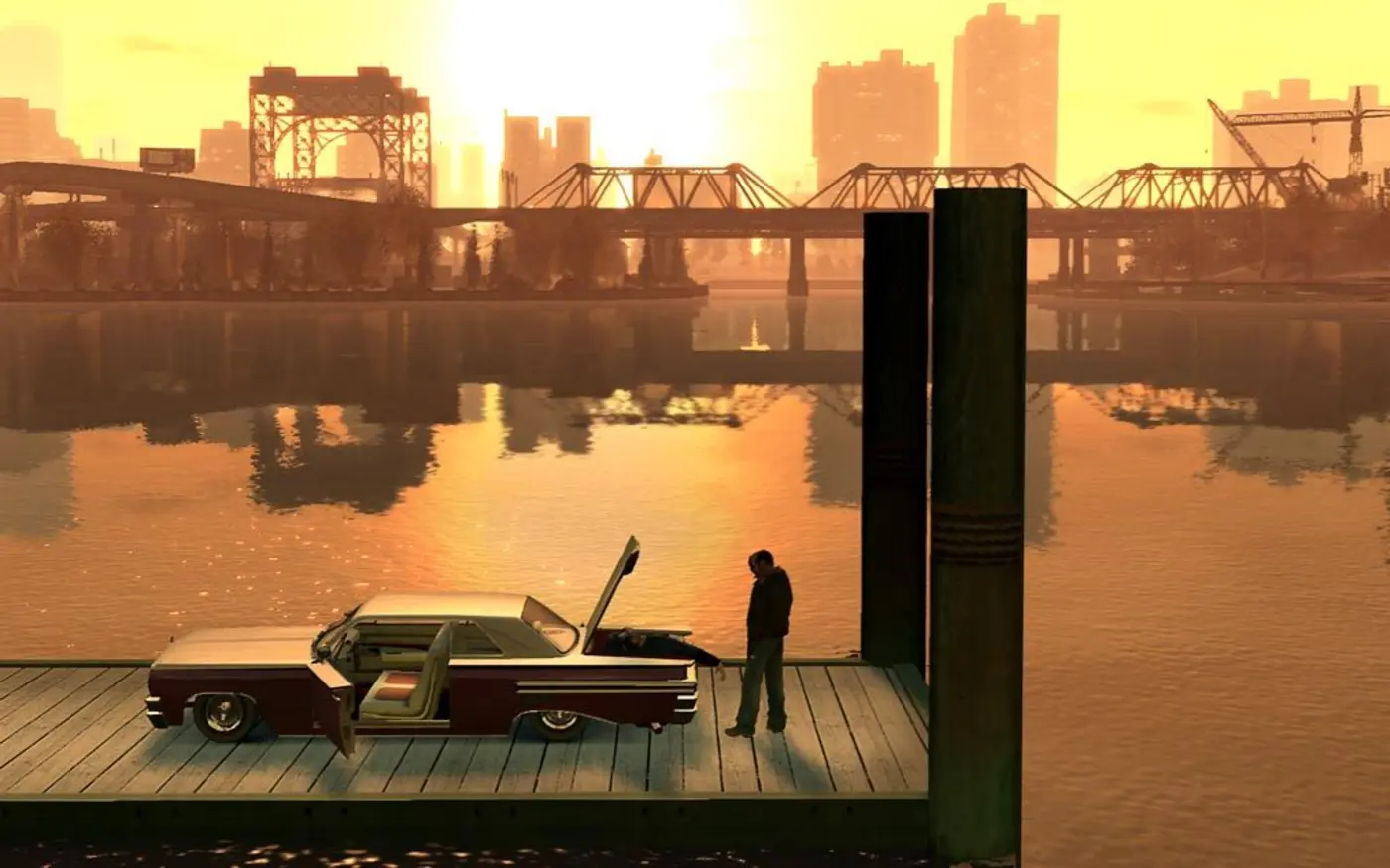 GTA 4 character next to a car on a Liberty City dock at sunset