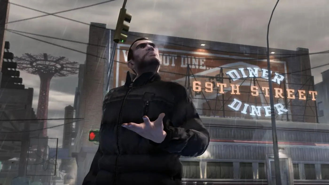 Niko Bellic, GTA 4's protagonist, in the rain on a gray Liberty City street