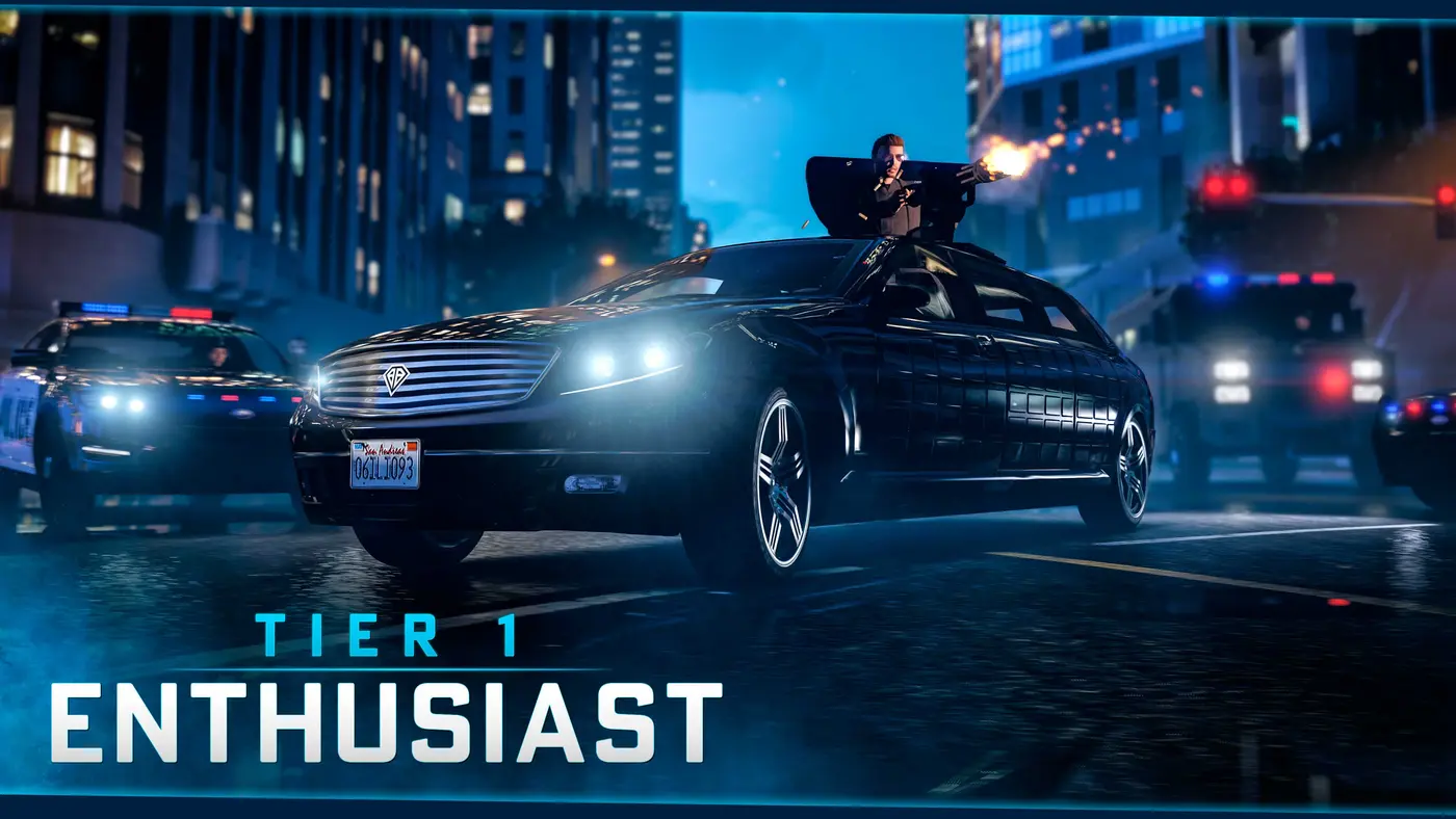 Official GTA Online art: a black armored sedan limo drives through the city at night, a character firing a minigun through a roof hatch, chased by several police cars with their lights flashing on a wet road