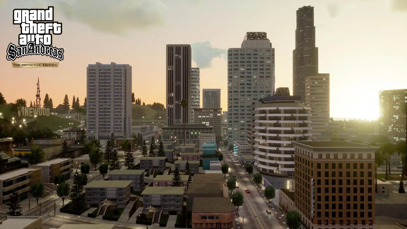Official screenshot from GTA San Andreas The Definitive Edition: downtown Los Santos at sunset, skyscrapers, residential neighborhoods in the foreground and the Vinewood sign on the hill