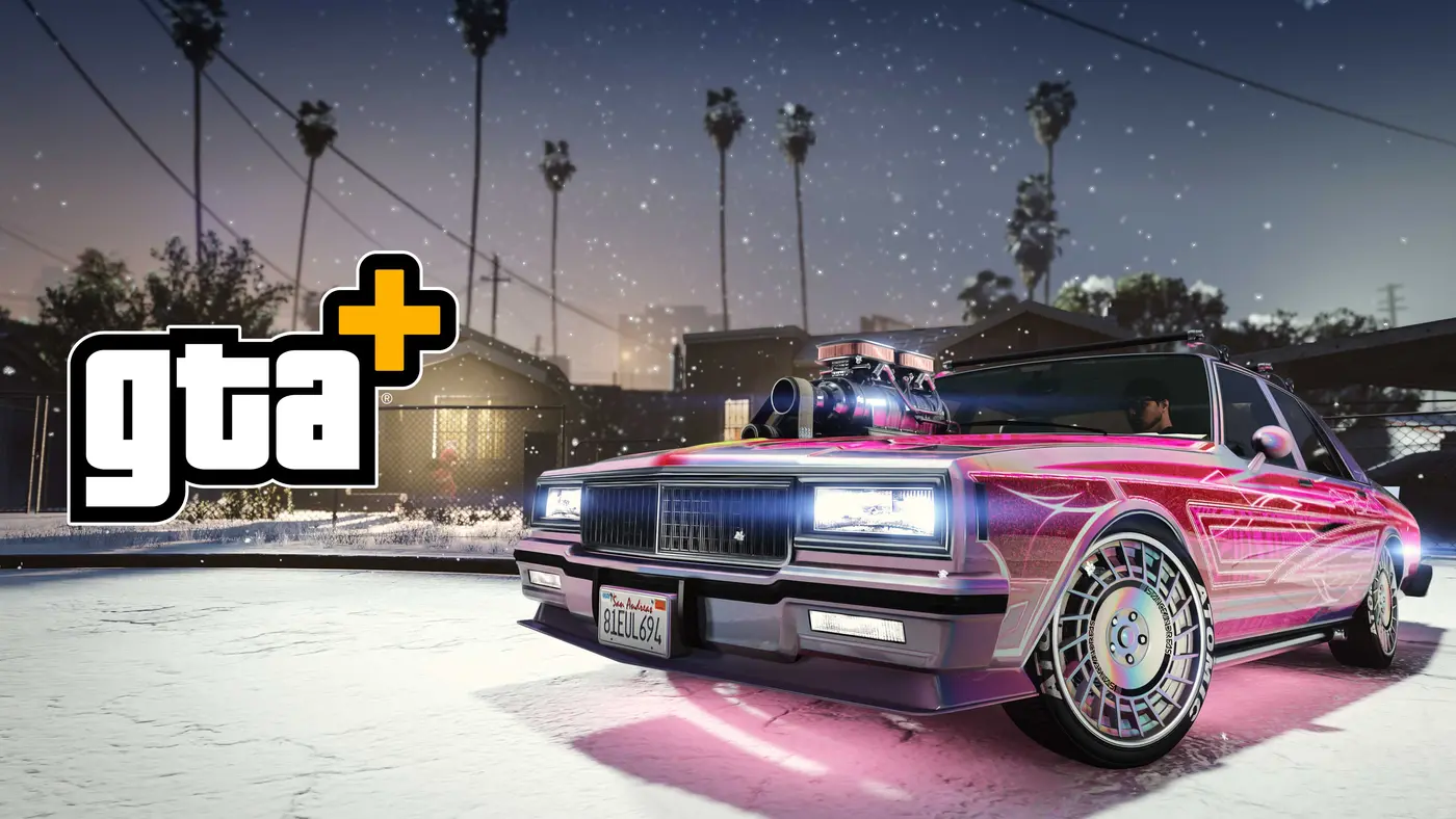 GTA Online screenshot in GTA+ colors: a pink lowrider with custom patterns parked in a snowy Los Santos neighborhood at night, palm trees and power lines in the background
