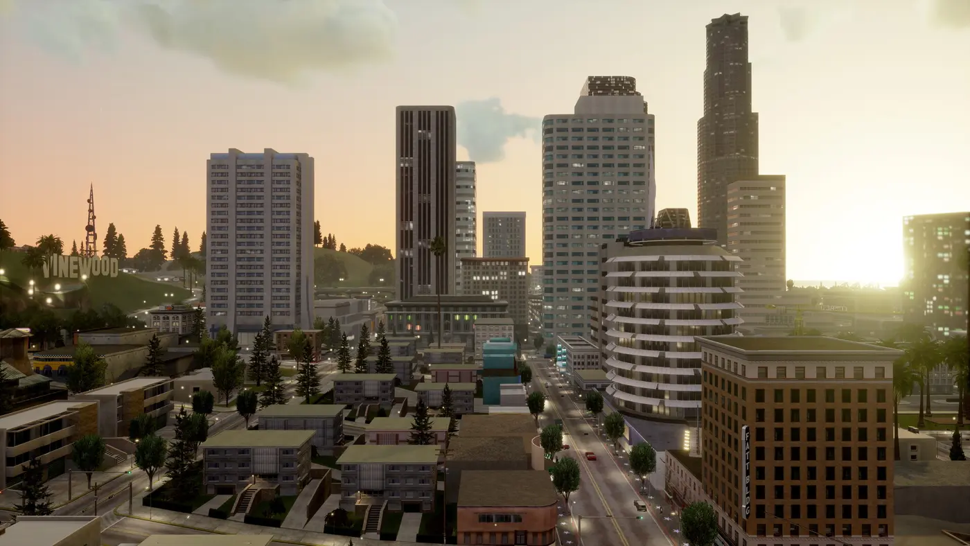 Wide view of Los Santos at sunset in remastered GTA San Andreas: downtown skyscrapers, leafy residential neighborhoods, and a hill topped by a large Hollywood-style sign