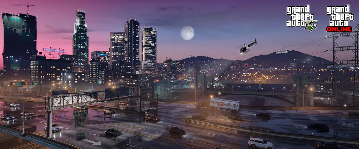 Nighttime view of Los Santos in GTA V: lit skyscrapers under a pink sky and a full moon, a helicopter above the Vinewood hills and a traffic-packed freeway in the foreground