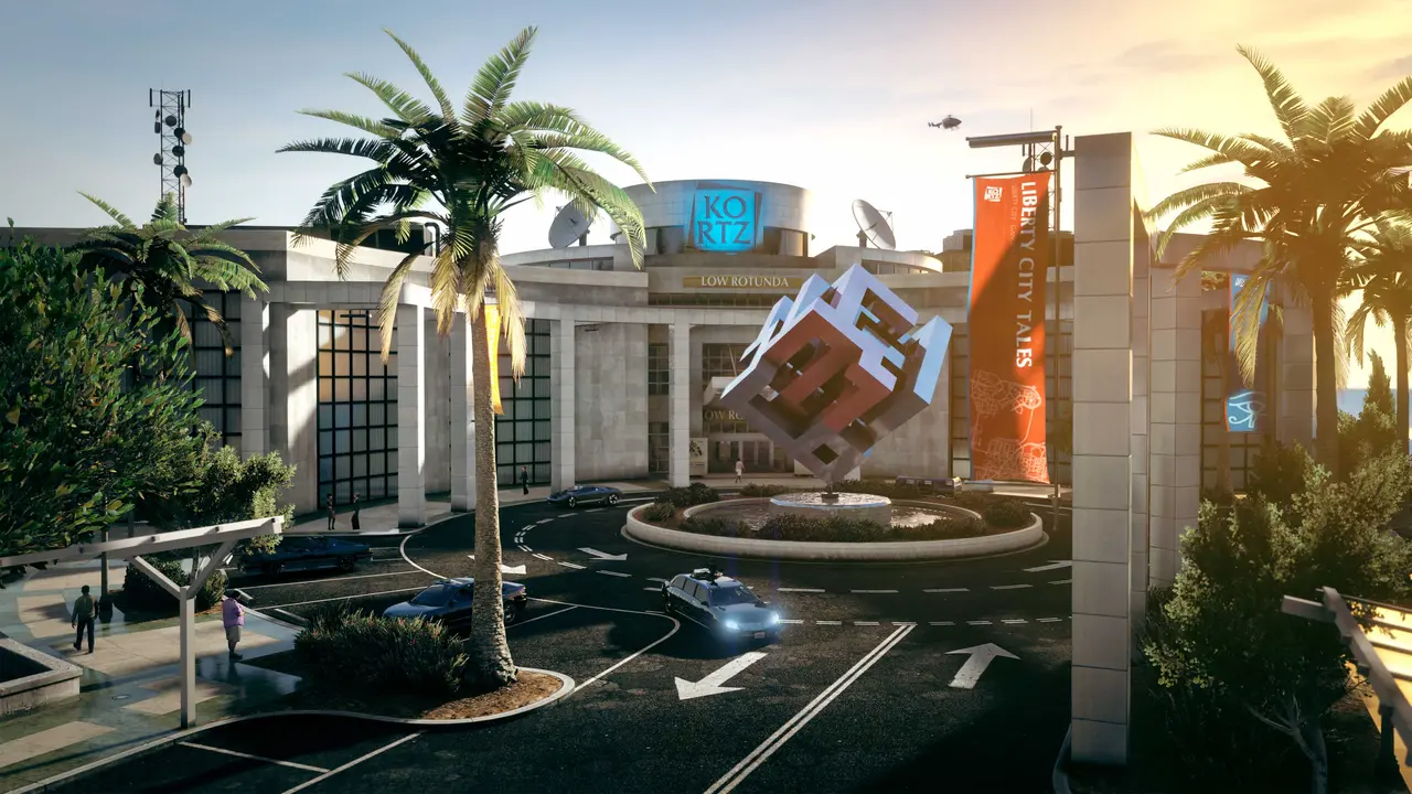 Official GTA Online screenshot: the Kortz Center facade in Pacific Bluffs at sunset, a modern cultural building surrounded by palm trees, with a metallic cube sculpture at the center of a roundabout and the lit-up KORTZ sign