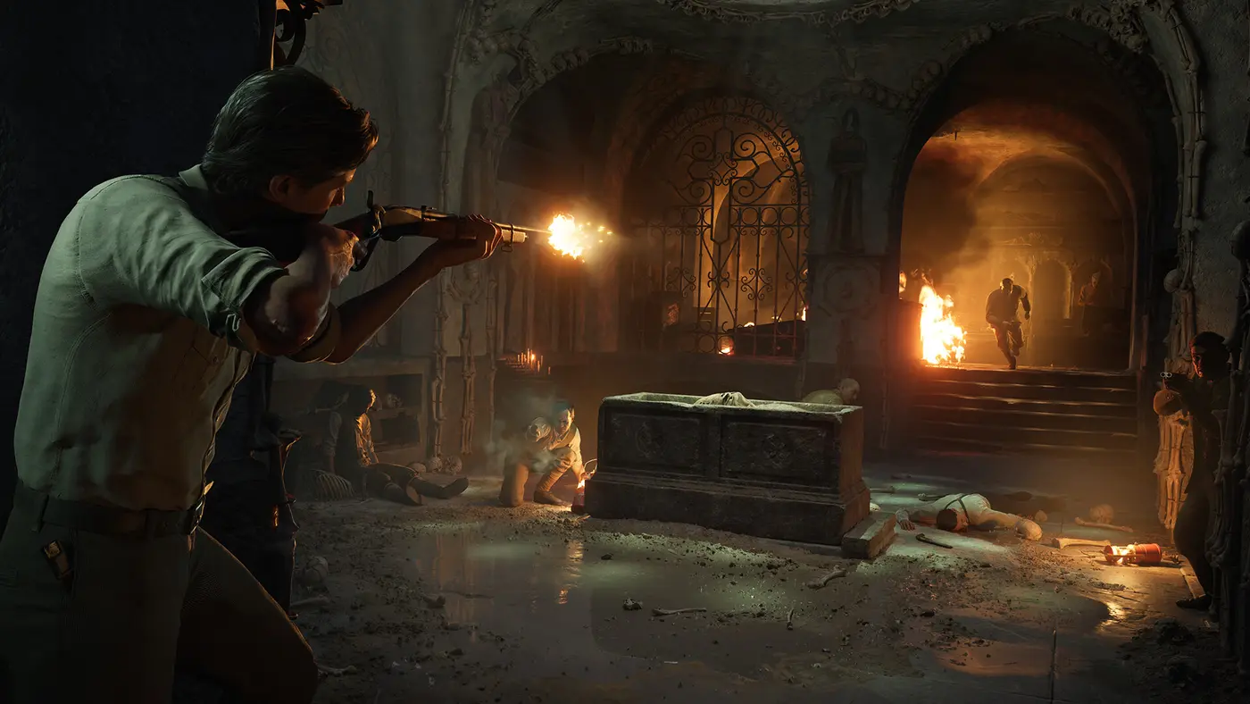 Enzo Favara fires a lever-action rifle in an underground crypt in Mafia: The Old Country, a burst of flame at the muzzle, a stone coffin and bones on the ground, a blaze in the background