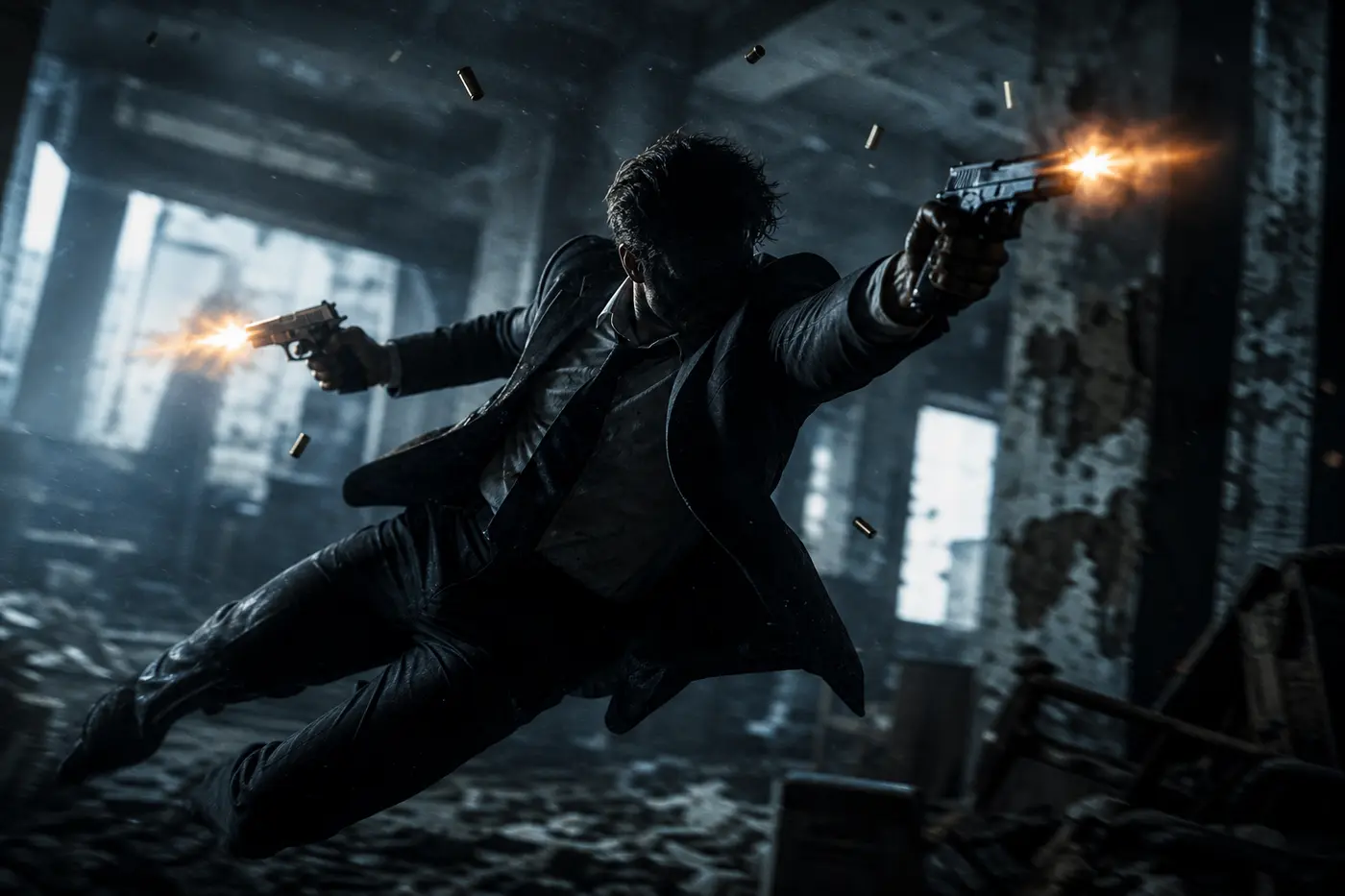 Neo-noir illustration of a man in a dark suit diving sideways in slow motion, a pistol in each hand, shell casings hanging in the air, the interior of a run-down building bathed in cold light, graphic-noir style