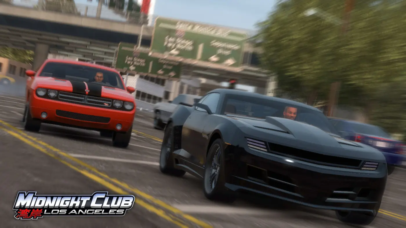 A street race in Midnight Club: Los Angeles: a red Dodge Challenger with black stripes and a black muscle car tearing down a boulevard side by side, beneath the green signs of a Los Angeles freeway on-ramp.