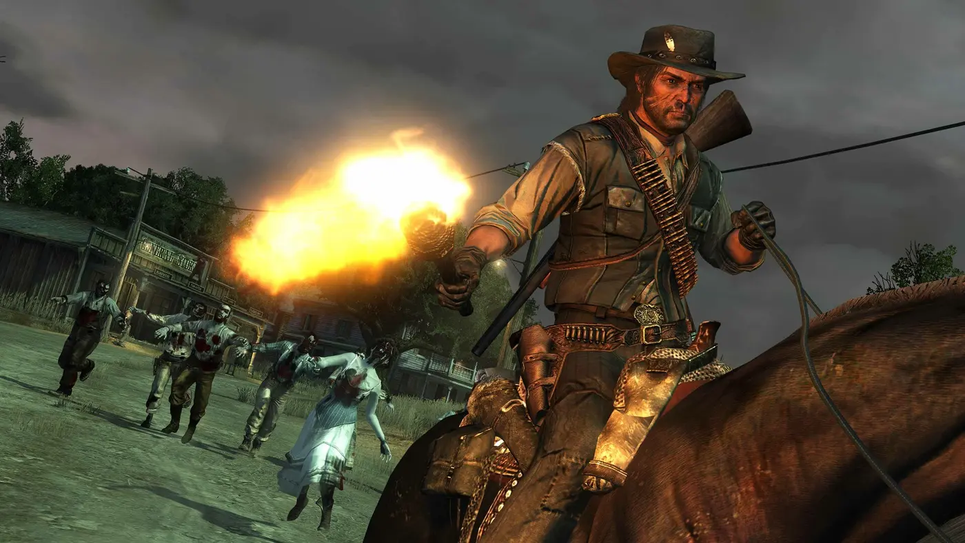 John Marston on horseback firing a revolver, muzzle flash, facing zombies in a dark town at night, the Undead Nightmare expansion of Red Dead Redemption