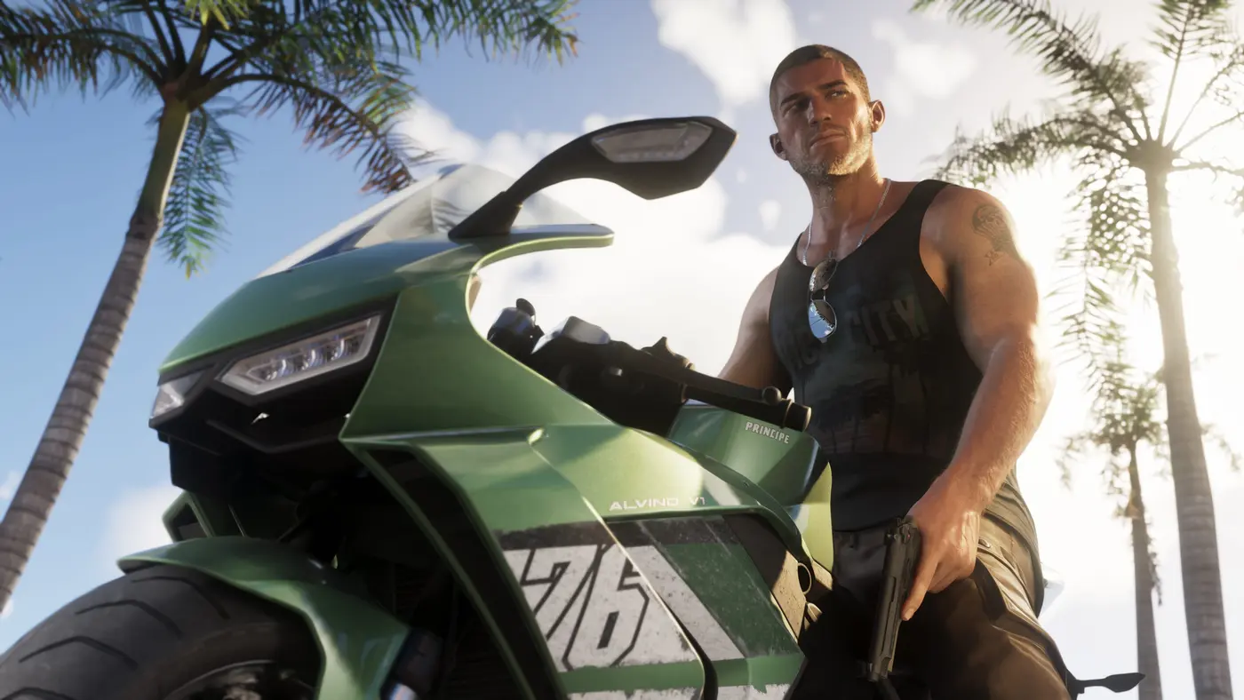 Jason on a green sport bike, wearing a 'Vice City' tank top and sunglasses, under palm trees in broad daylight