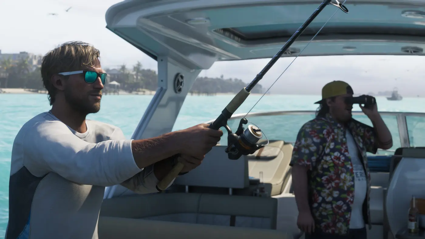 Jason, GTA 6's protagonist, in mirrored sunglasses on a boat, fishing rod extended over the water, a buddy in a Hawaiian shirt watching through binoculars, turquoise water and a hazy coastline in the background