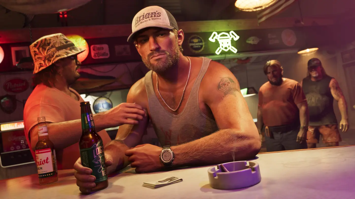 Jason Duval leaning on the counter of a neon-lit marina bar, Brian's Boat Works and Marina cap, light tank top, a beer and a wad of cash in front of him, regulars around him