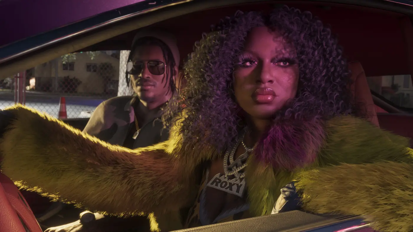 The Real Dimez duo from GTA VI on a night drive in a convertible, bling look and neon lights