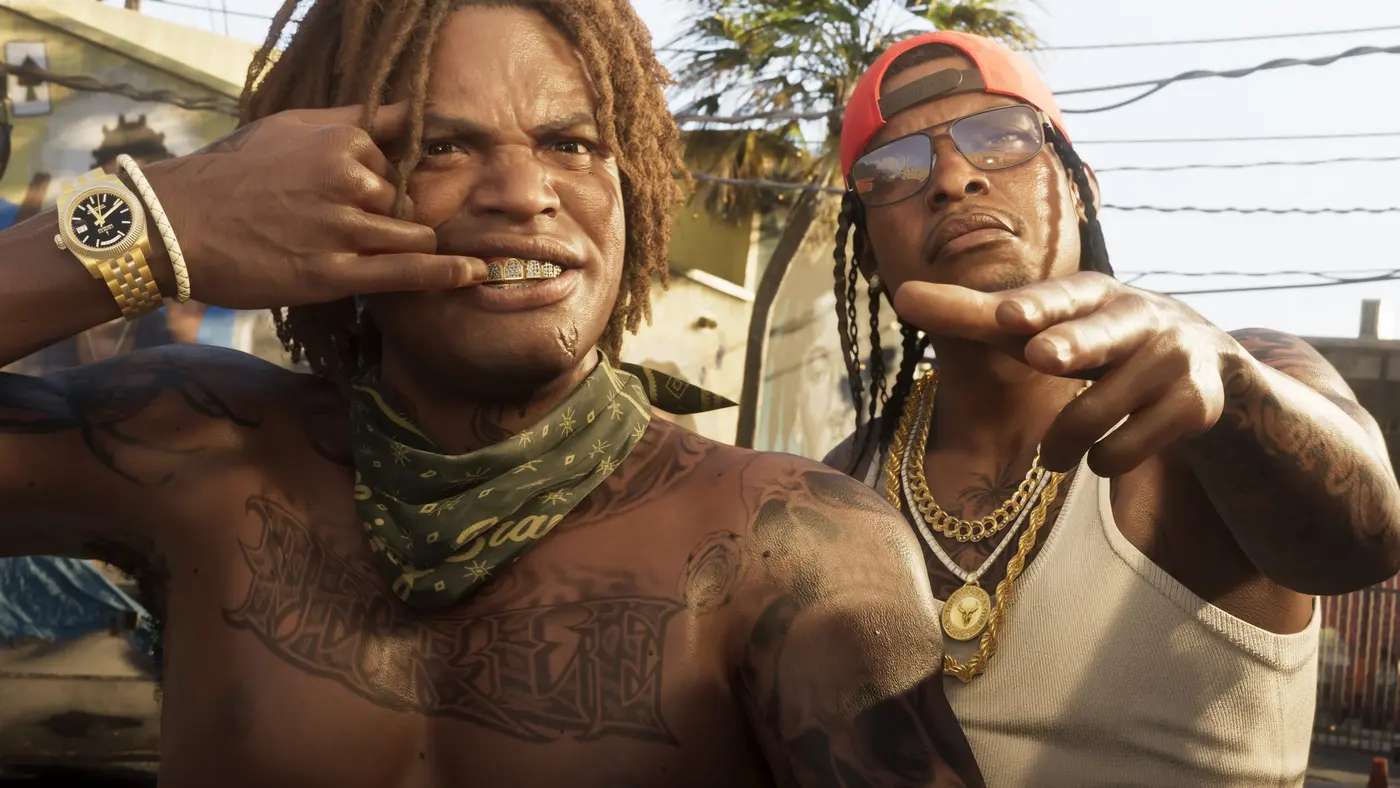 A close-up of two Vice City characters in GTA 6: a man with dreads, a gold tooth, and a gold watch, and another in a white tank top, red backwards cap, and sunglasses reflecting the street