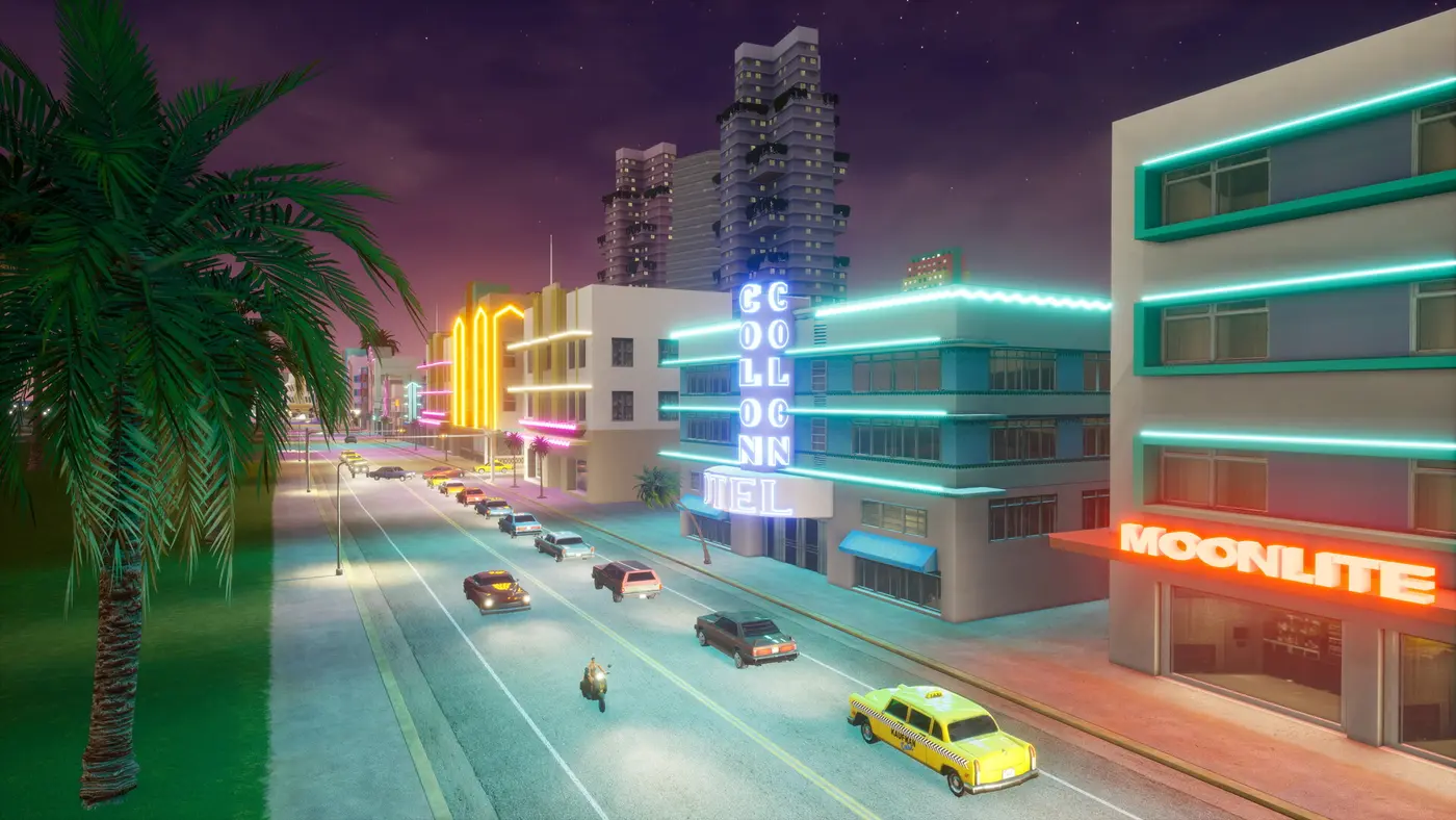 Seafront avenue at night, Art Deco hotels with turquoise and pink neon, a yellow cab and 1980s cars, in GTA Vice City